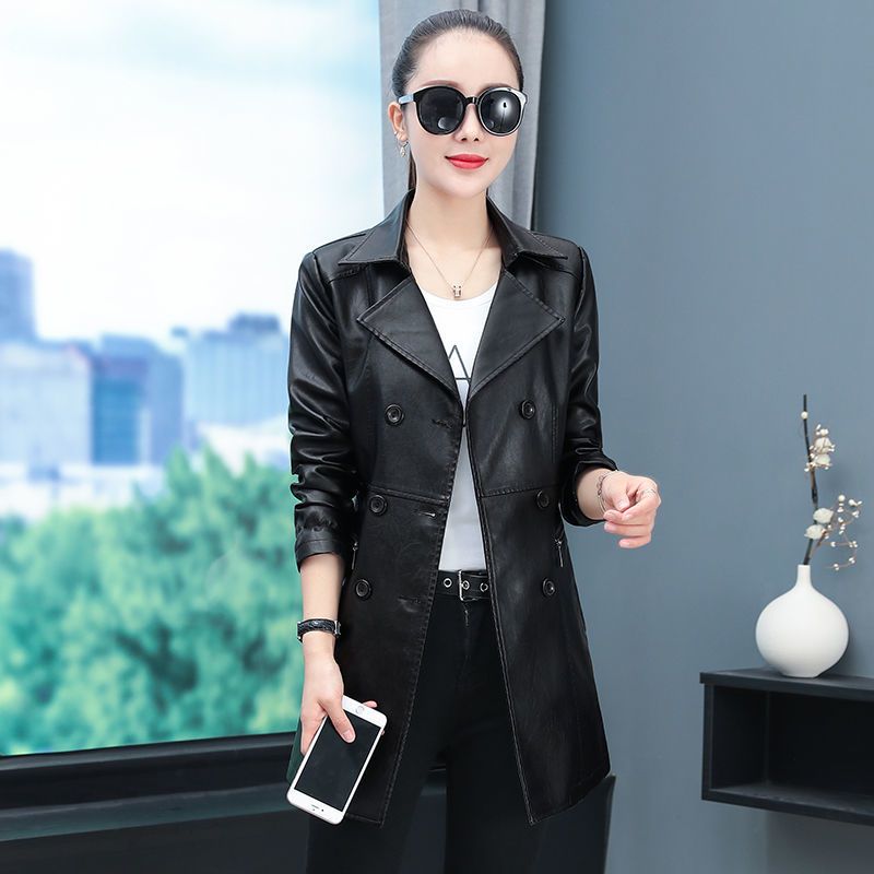 皮衣加绒加厚外套女秋冬季风衣女士中长款春秋装新款大码女装