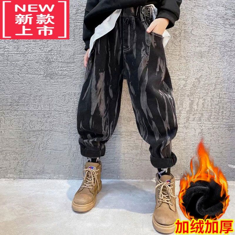 可莉允儿童装男童加绒裤子秋冬款2022新款保暖棉冬装加厚中大童牛仔裤潮保暖裤图片
