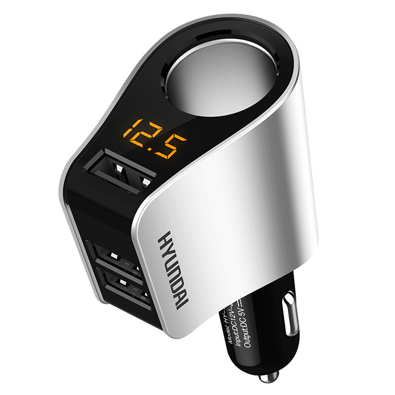 适用于车载充电器车充点烟器HY-10三USB一拖二点烟扩展器智能电压检测银