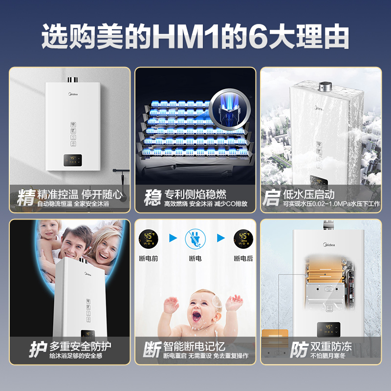 [美的智能家电]12升 燃气热水器 家用 JSQ22-12HM1(天然气)精准恒温 恒温芯水量调节 低水压启动