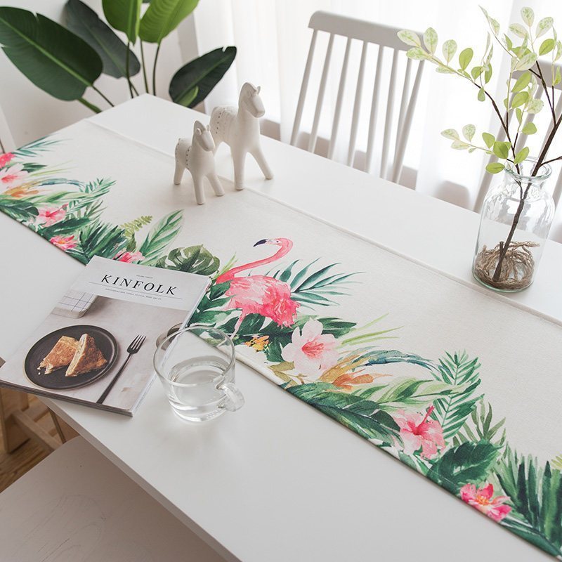 家柏饰(CORATED)北欧S风棉麻布艺茶几电视柜客厅餐桌布盖巾床尾旗桌旗 火烈鸟与芭蕉桌旗 35*180cm