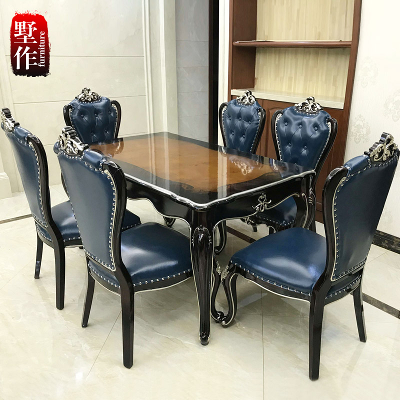 简欧实木6人长方形欧式餐桌椅组合饭桌法式别墅家用餐厅家具 餐桌一桌六椅支架结构