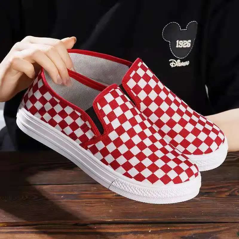 春夏新款方格韩版学生帆布鞋百搭平底一脚蹬布鞋懒人莎丞图片