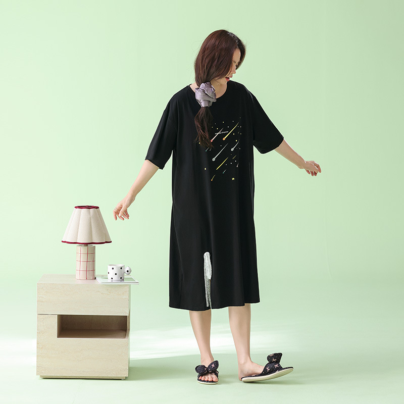 米奇喵[超柔软]软糯莫代尔撞色睡裙女夏卡通小狗印花宽松短袖家居长裙 卡通印花宽松长裙 款式尺码备注高清大图