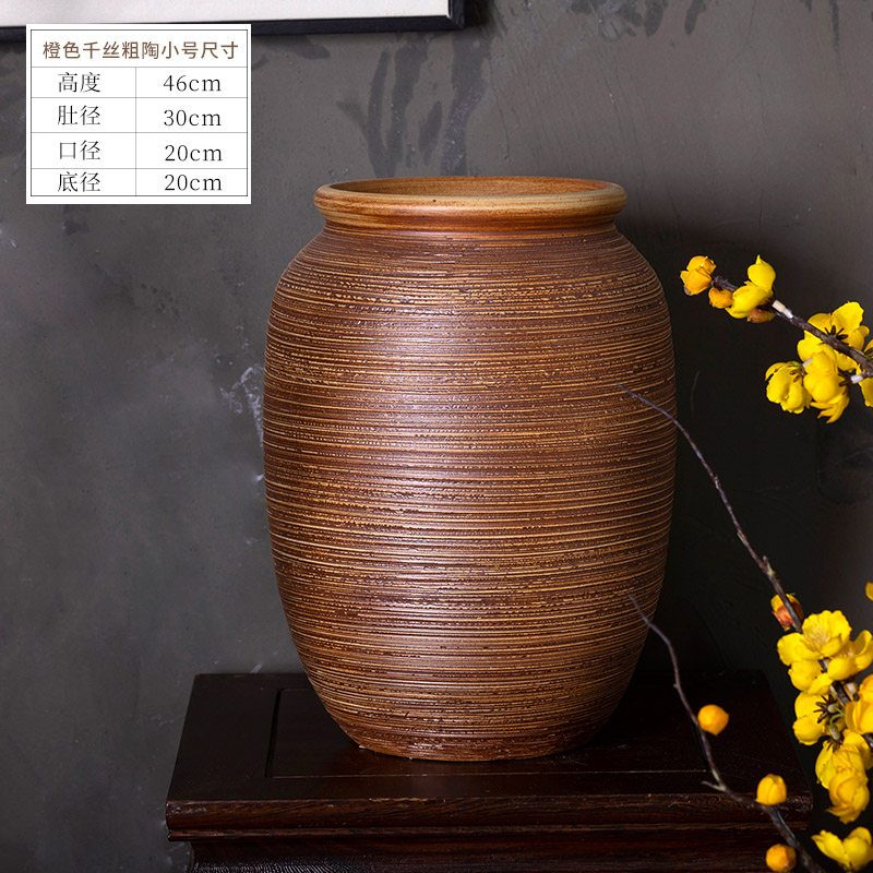 景德镇陶瓷花瓶摆件现代简约客厅插花中式大圆口窑变大号粗陶花瓶 三维工匠 橙色千丝粗陶小号高清大图