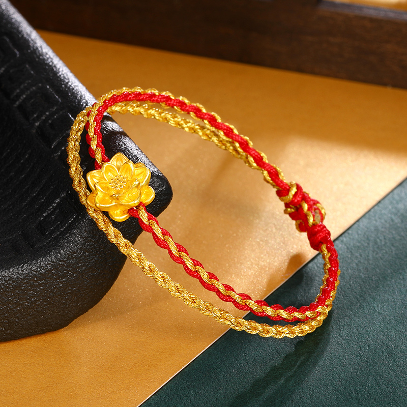 梦金园好事莲莲黄金转运珠莲花彩色手绳编绳手串3d硬金送女士礼物