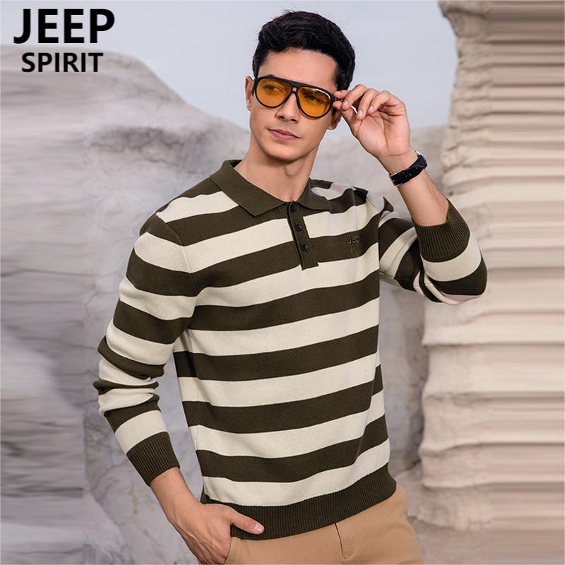 JEEP SPIRIT男士毛衣时尚百搭秋冬季新款针织衫上衣拼色条纹高级感纯棉翻领上衣 卡其色 XL
