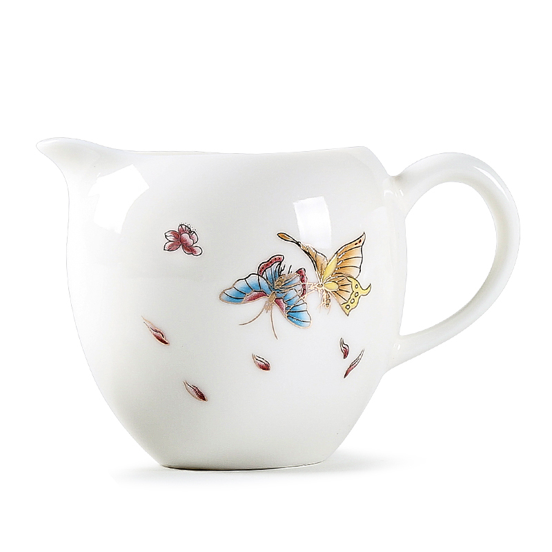 常生源 公道杯 陶瓷功夫茶具 凝脂白公杯 羊脂白玉瓷器 浮雕对花 蝶韵公道杯