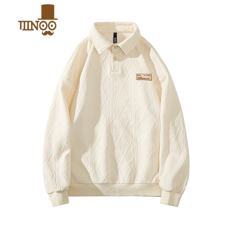 YANXU长袖Polo衫卫衣男士新款潮牌休闲宽松翻领情侣提花百搭上衣高清大图