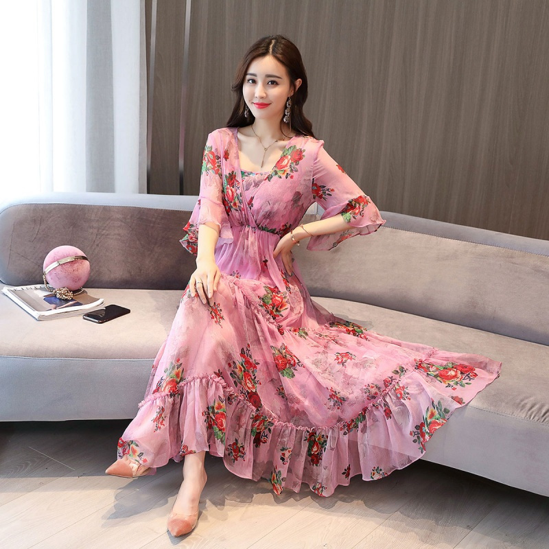 碎花连衣裙长款女士夏款新品女装雪纺印花裙子收腰显瘦仙女温柔裙