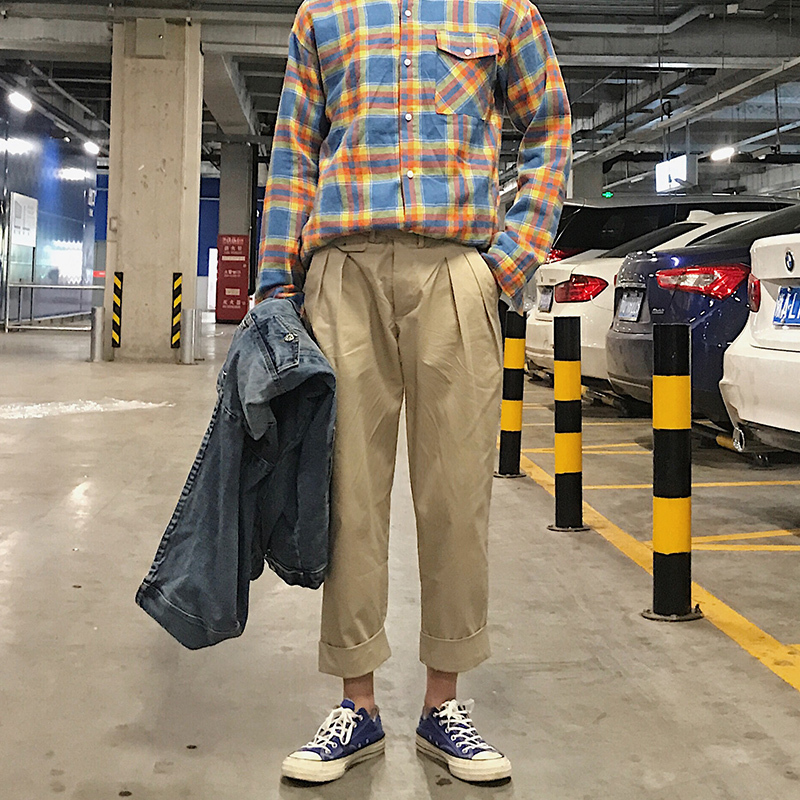 夏季年轻港风直筒男式休闲裤子工装裤韩版纯色九分裤男宽松潮男裤