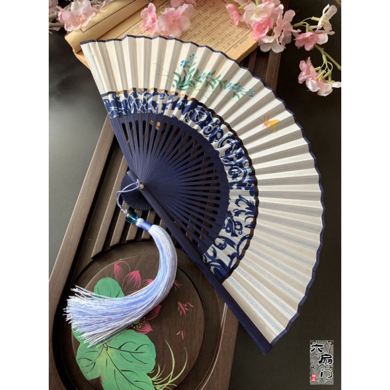 中国风双节扇折叠布面复古风旗袍汉服小折扇子随身便携夏季女舞蹈 三维工匠 红梅+灰蓝流苏高清大图