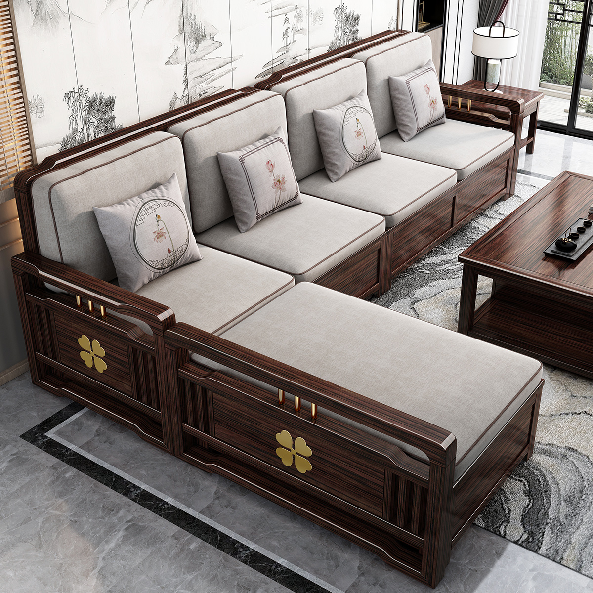 采百木(caibaimu)新中式全实木沙发组合紫金檀木大小户型中国风轻奢