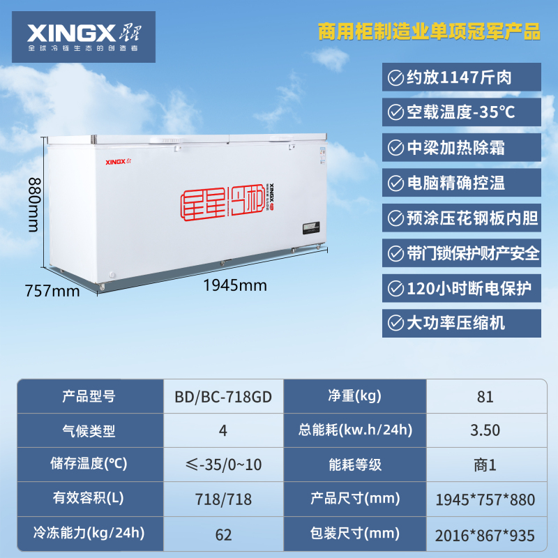 星星(XINGX) BD/BC-718GD冰柜718升商用卧式大冷柜 冷藏冷冻转换商用保鲜设备 雪糕冰冻柜急冻速冻大冰柜