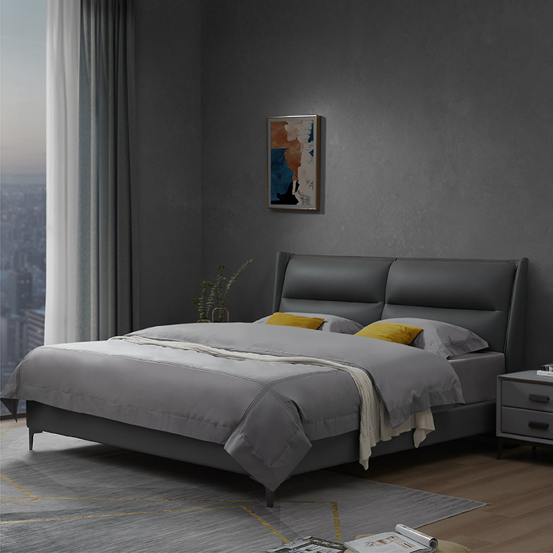 喜临门意式简约卧室牛皮软靠包床双人真皮床 卡门 河豚灰