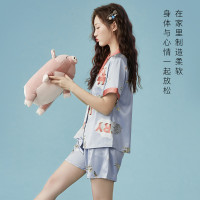 猫人顺滑仿真丝短袖短裤开衫女士家居服女睡衣女内衣