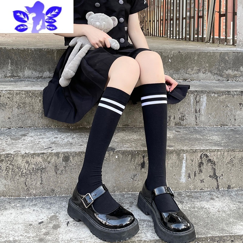 ideamini白色二杠小腿袜jk女中筒袜春夏日系学院风高筒过膝袜条纹长袜