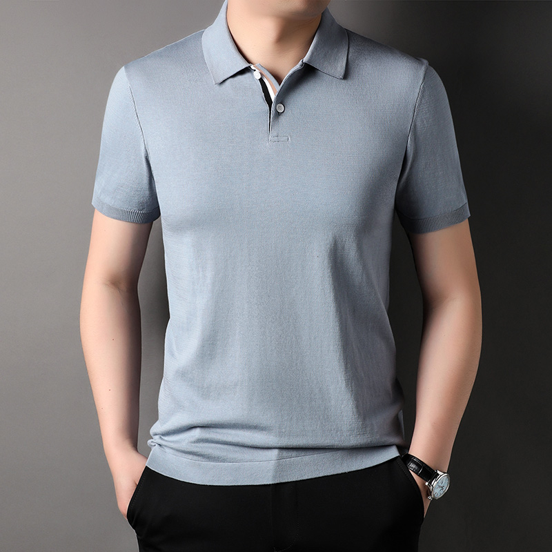 夏季新款男士翻领纯色桑蚕丝短袖t恤休闲亚麻男装棉质半袖polo衫高清大图
