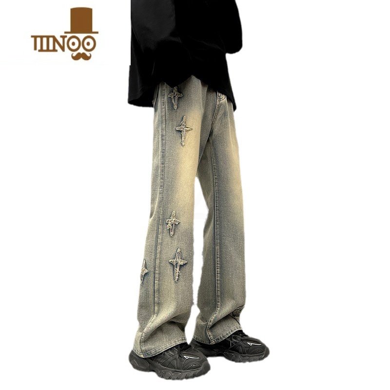 YANXU黄泥色牛仔裤男款直筒oversize男生裤子夏季潮牌痞帅微喇Xi裤z高清大图