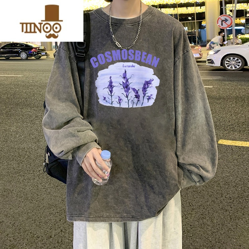 YANXU美式水洗长袖t恤男生ins宽松百搭圆领卫衣oversize高街潮牌打底街高清大图