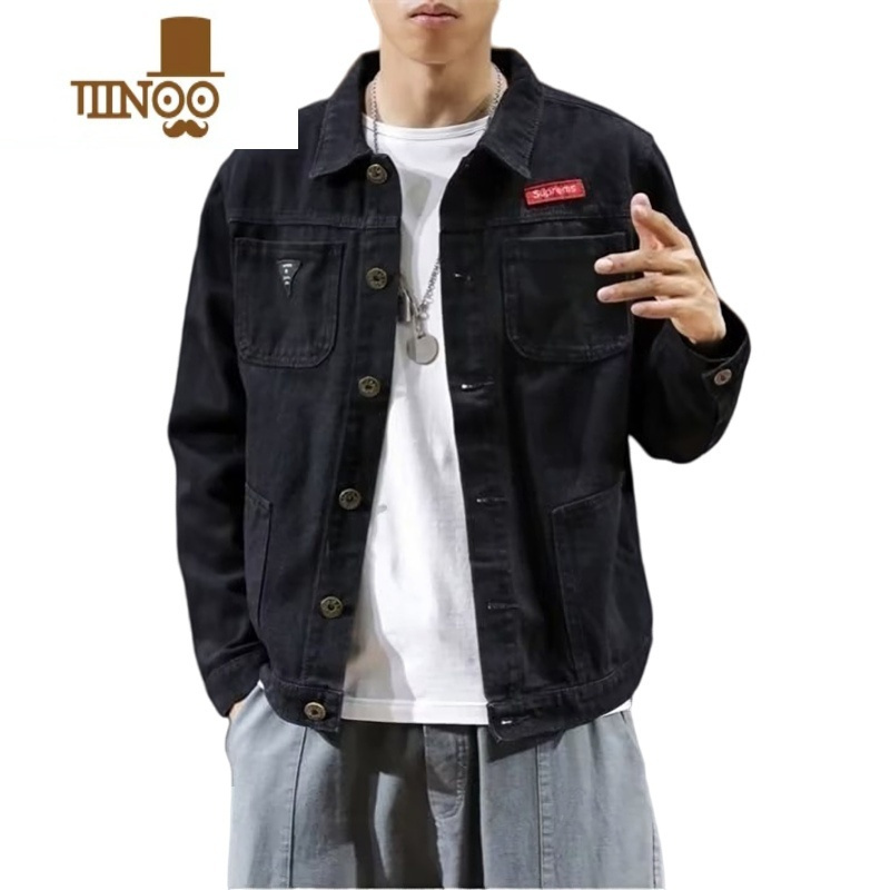 yanxu工装牛仔外套男新款休闲帅气加绒加厚夹克男士潮牌黑色褂子