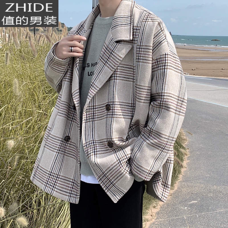 值得男装韩版男士中双排扣风衣英伦风青年宽松显瘦过膝加棉大衣外套潮_379 浅色格子 M