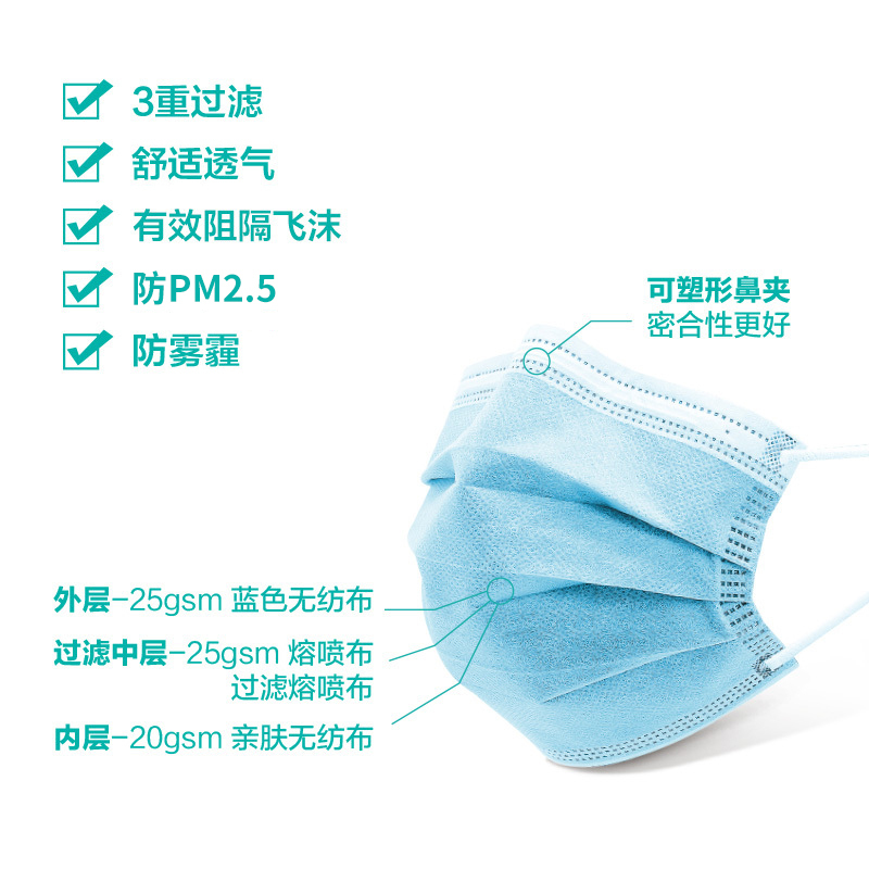 杰洛尼 一次性防护口罩蓝色三层加厚熔喷布过滤防尘防飞沫透气成人款男女通用口罩10片装