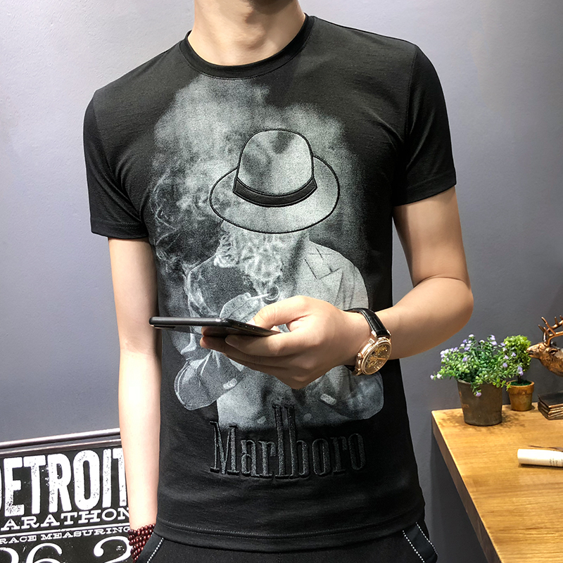 夏装英伦风刺绣短袖T恤男士人物印花半袖棉t夜店时尚体恤小伙上衣