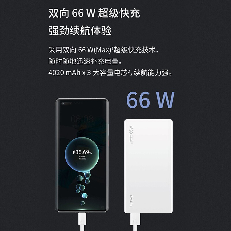 华为(HUAWEI)66W充电宝大容量移动电源12000毫安双向超级快充自带线Typec笔记本手机苹果安卓通用P0001高清大图
