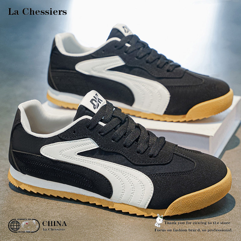 La Chessiers阿甘鞋男士春秋新款韩版潮流男鞋百搭运动休闲板鞋革面潮鞋 黑色 42码