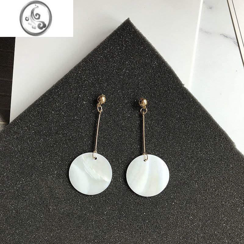 JiMiBY简约气质贝壳圆片耳环镂空长款耳坠耳钉无耳洞耳夹配饰品图片
