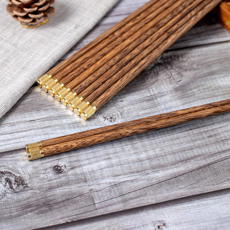 拾画 无漆无蜡家用防滑鸡翅木筷子 创意铜头木 金色筷子 十双装 SH-6325高清大图