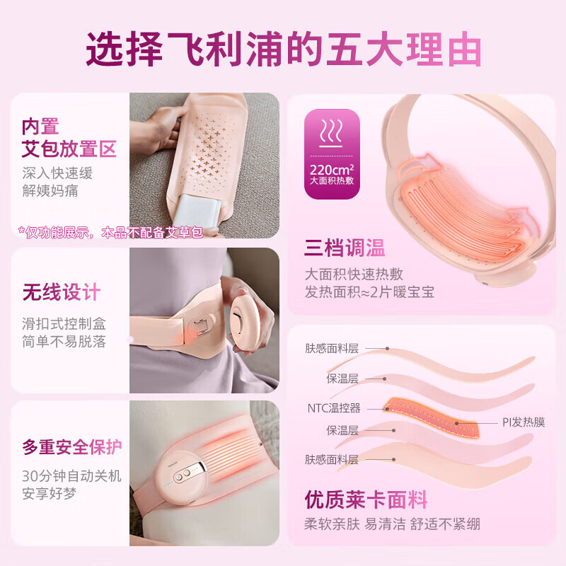 飞利浦暖宫腰带大姨妈肚子疼神器缓解宫寒痛经热敷 送女友老婆妈妈生日节日礼物 PPM3205B粉红色高清大图