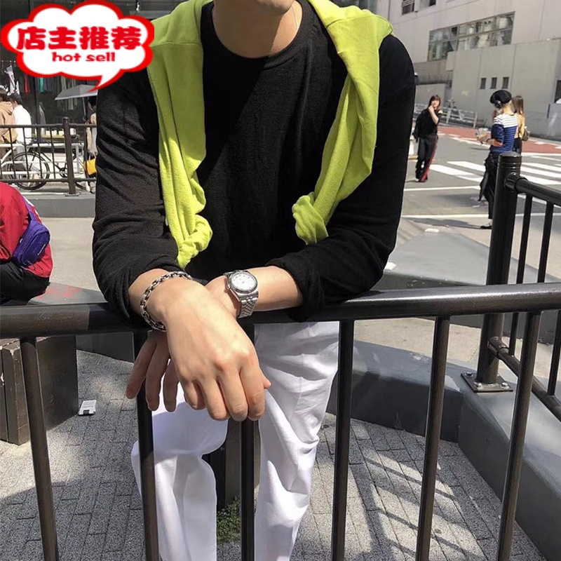 SHANCHAO韩国东大门时尚纯色宽松男士长袖t恤2023新款打底体恤度假潮T