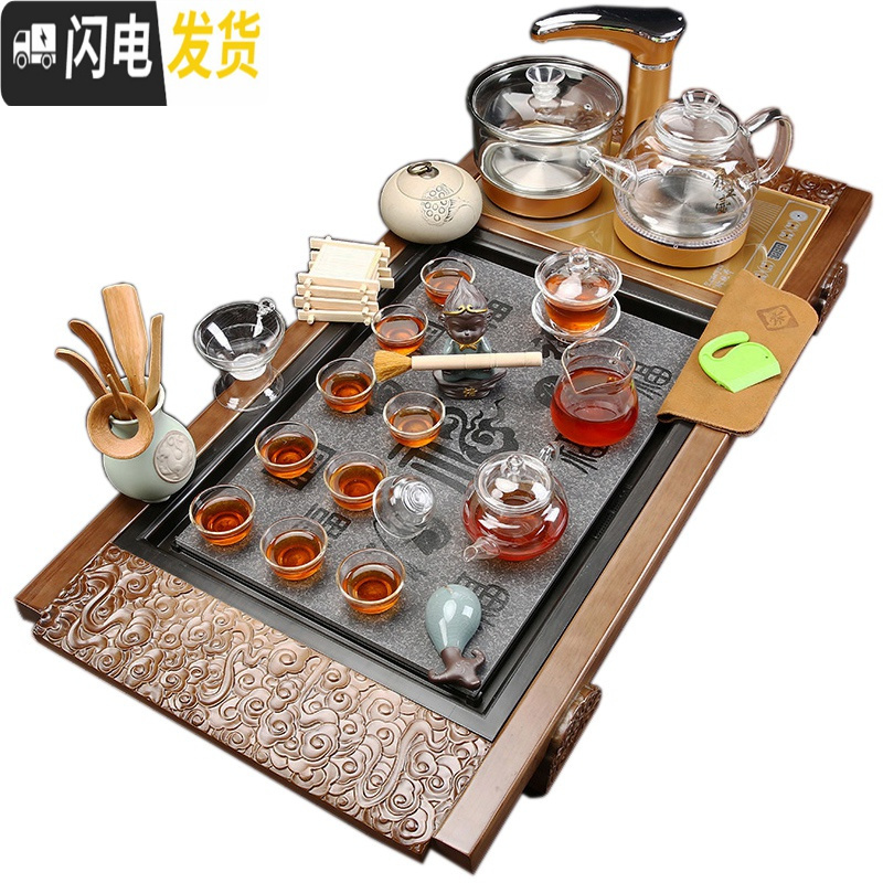 三维工匠喝茶简约功夫全自动家用整套茶杯茶道实木茶盘茶台 22檀大新貔貅自动龙茶具+双玻璃 37件