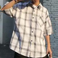 18韩复经典格铁环宽松短袖衬衫男款