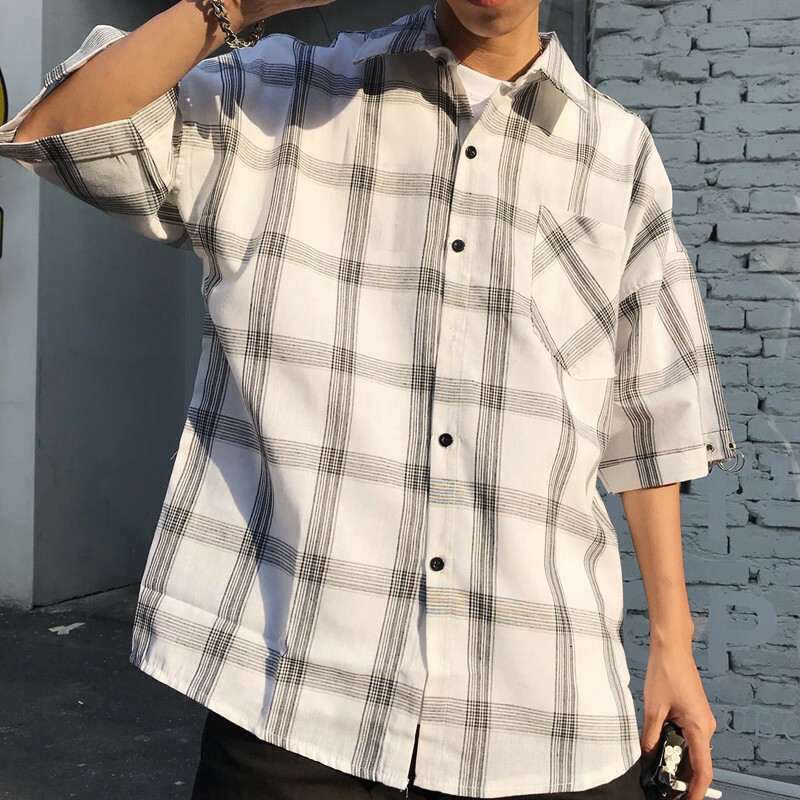 18韩复经典格铁环宽松短袖衬衫男款