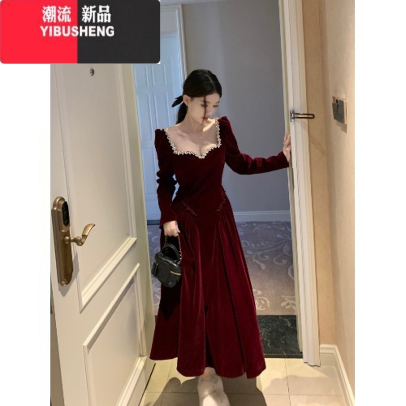 YIBUSHENG小香风长袖丝绒连衣裙女大码胖mm法式气质方领红色礼服长裙礼 4XL180-200斤梨形身材藏肉 酒红色长款气场强大女装/港味chic裙子