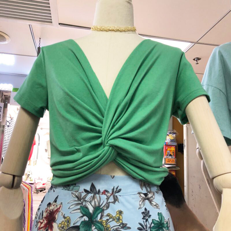 特惠2018夏装纯色交叉V领短袖T恤韩版学生短款女生酷酷的衣服上衣青色均码