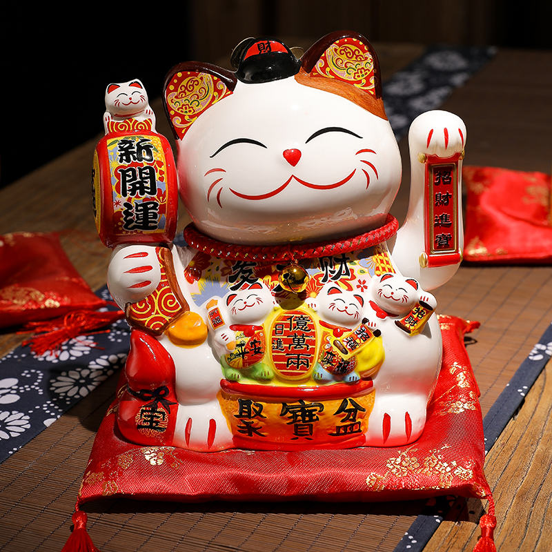 猫摆件自动招手小号开业礼品店铺收银台家居办公陶瓷存钱罐 三维工匠 20厘米高聚宝盆-75摇手款高清大图