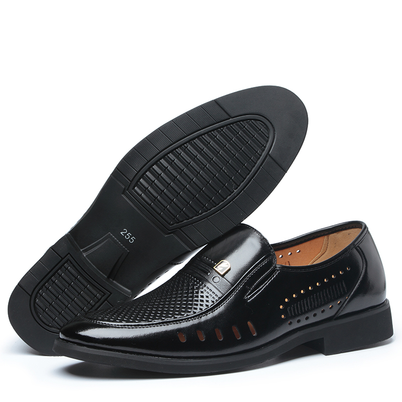 防滑凉皮鞋中老年爸爸皮凉鞋休闲软底镂空洞洞鞋正装皮鞋镂空皮鞋男