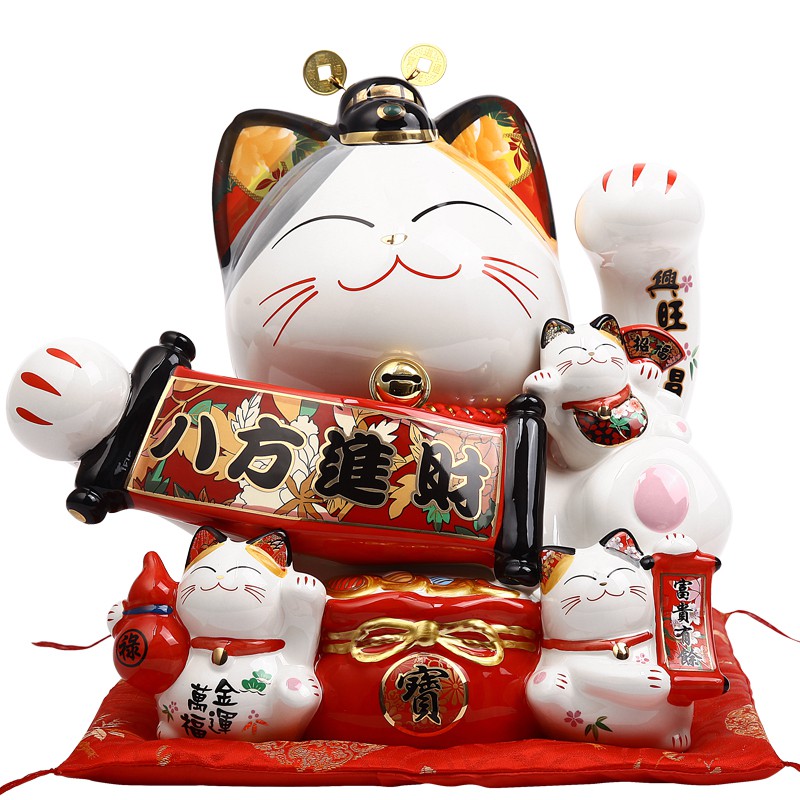 正版猫摆件 大号八方进财店铺开业礼品陶瓷存钱储蓄罐财神猫 三维工匠 9寸节节高升(86972)猫高清大图