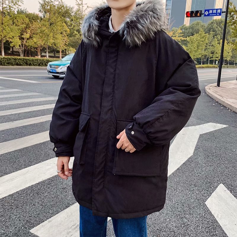 YUANSU中长款棉衣男冬季韩版宽松潮流百搭棉袄加厚保暖毛领工装棉服外套棉衣