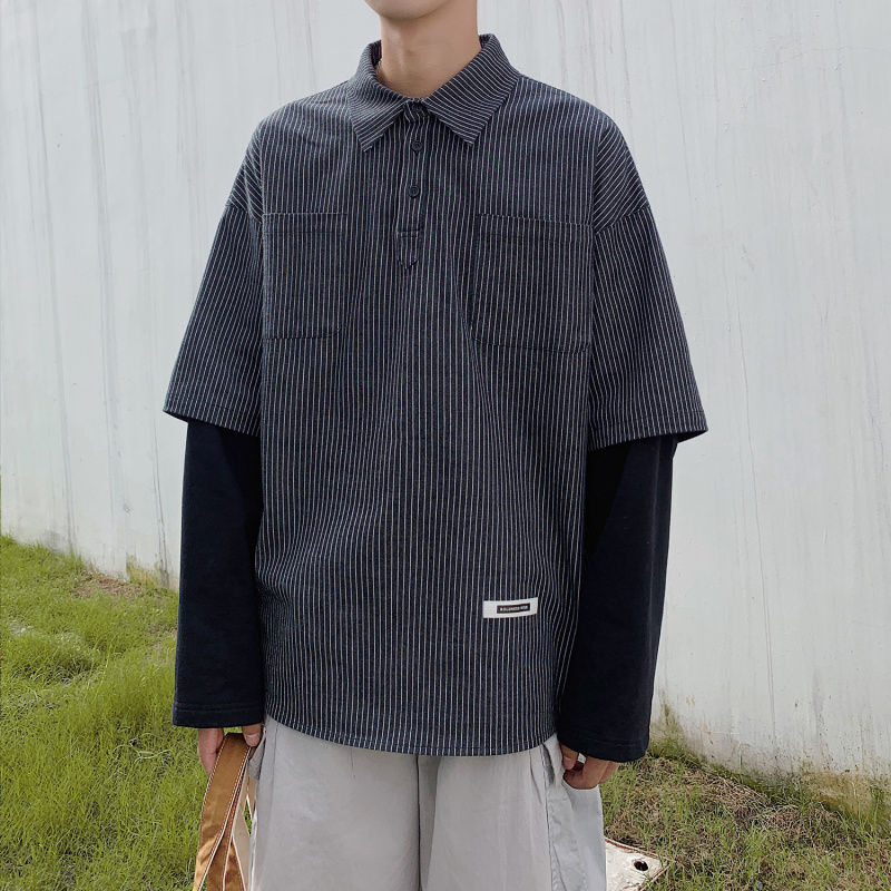 梵克公牛网红很仙假两件衬衫男流痞帅条纹衬衣宽松港风长袖寸衫港风牌