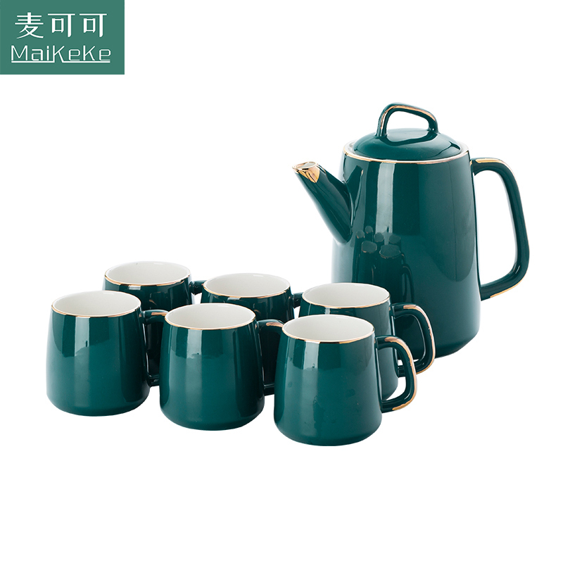 麦可可 北欧轻奢手工描金陶瓷凉水壶耐热茶具简约水具托盘套装水具家用 送礼结婚礼品礼盒(孔雀蓝一壶六杯)