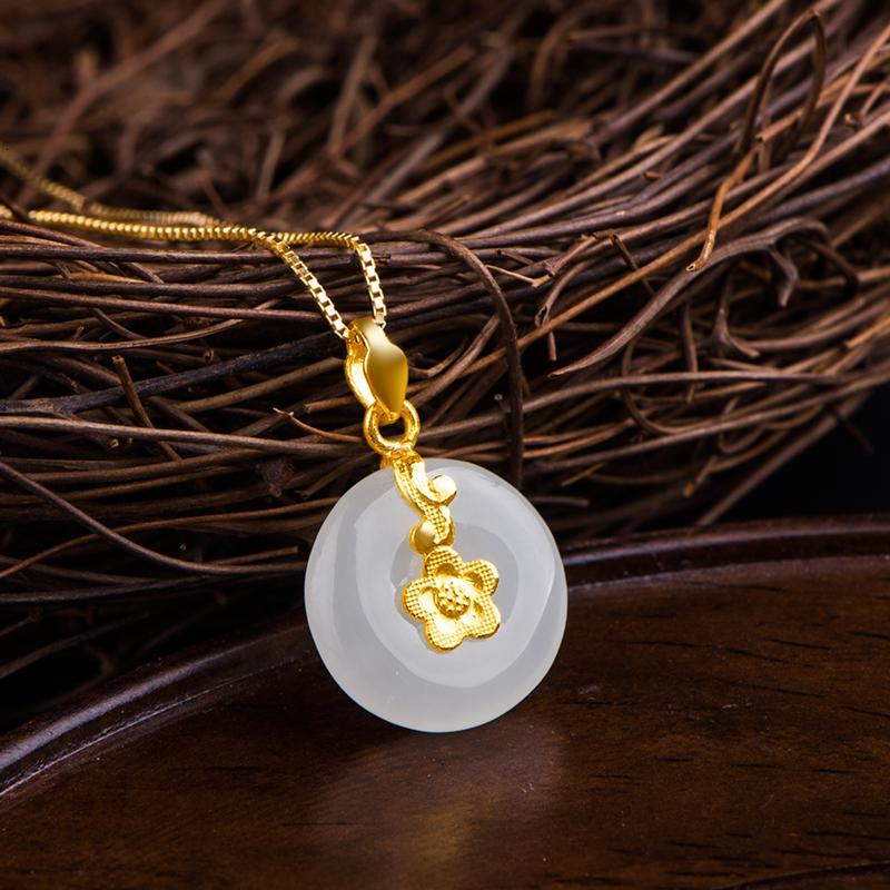 周六福zhouliufu和田玉吊坠女款平安扣玉坠金镶玉官方黄金玉石吊坠