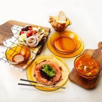 [多莱斯DURALEX]法国进口透明钢化玻璃碗碟套餐 微波炉耐热欧式家用餐具 4人8件套琥珀色