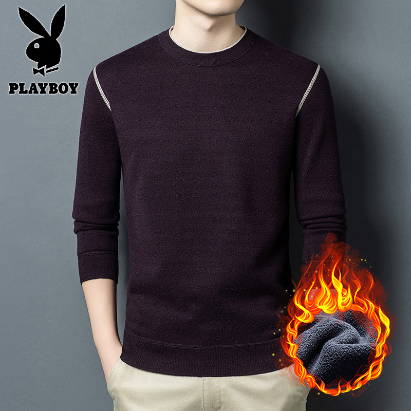 花花公子新款高品质羊毛冬季加绒时尚圆领高弹保暖卫衣_59高清大图