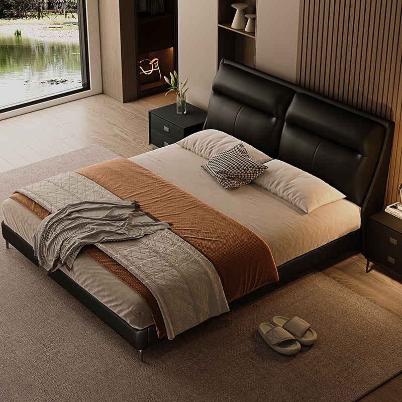 高脚现代极简真皮双人软靠包主卧次卧室真皮床高清大图
