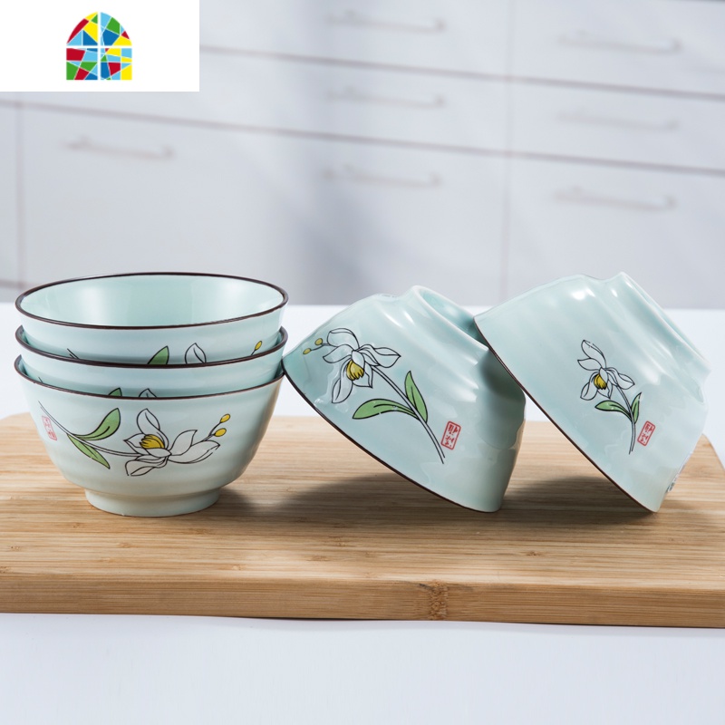 家用个性创意餐具吃饭碗陶瓷小碗组合碗碟套装单个碗 FENGHOU 青釉荷塘月色5英寸饭碗10个高清大图